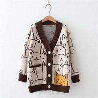 Thumbnail for Vintage V-Neck Cat Sweater Shirts & Tops KittyNook Cat Company Brown Lining Cat Sweater