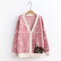 Thumbnail for Vintage V-Neck Cat Sweater Shirts & Tops KittyNook Cat Company Pink Cat Sweater