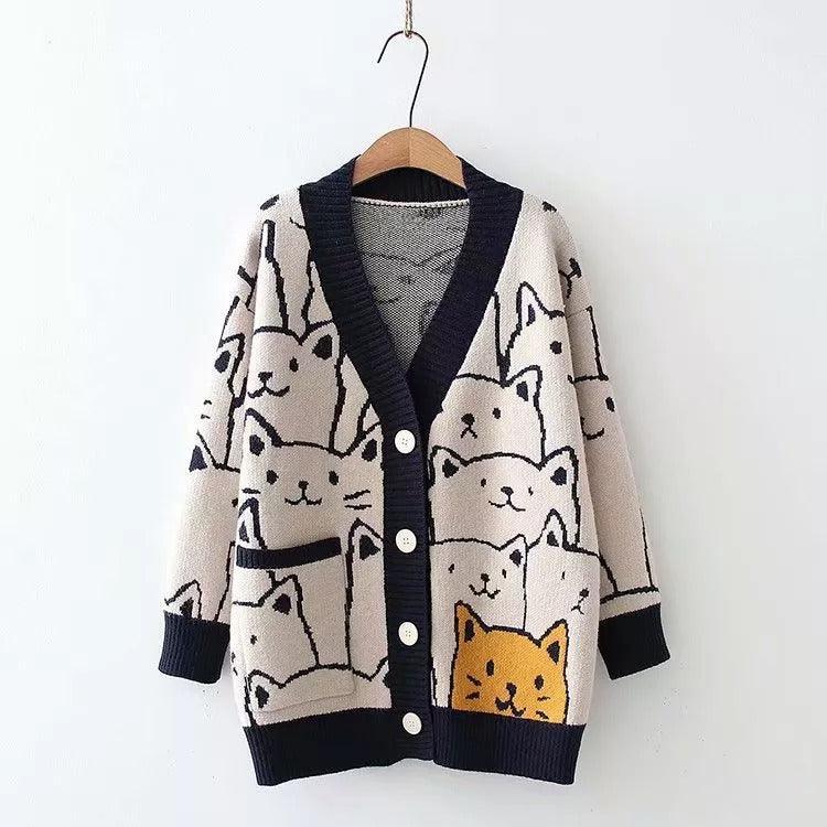 Vintage V-Neck Cat Sweater Shirts & Tops KittyNook Cat Company Navy Lining Cat Sweater