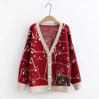 Thumbnail for Vintage V-Neck Cat Sweater Shirts & Tops KittyNook Cat Company Red Cat Sweater