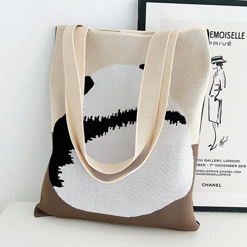 Whiskers n' Yarn Knit Tote Bag Shopping Totes KittyNook Cat Company Beige Panda