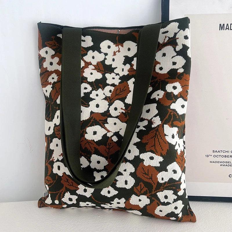 Whiskers n' Yarn Knit Tote Bag Shopping Totes KittyNook Cat Company Brown and Black Small Flowers