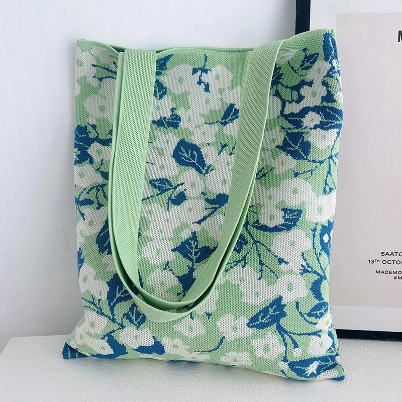 Whiskers n' Yarn Knit Tote Bag Shopping Totes KittyNook Cat Company Mint and Blue Small Flowers