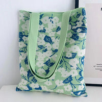 Thumbnail for Whiskers n' Yarn Knit Tote Bag Shopping Totes KittyNook Cat Company Mint and Blue Small Flowers