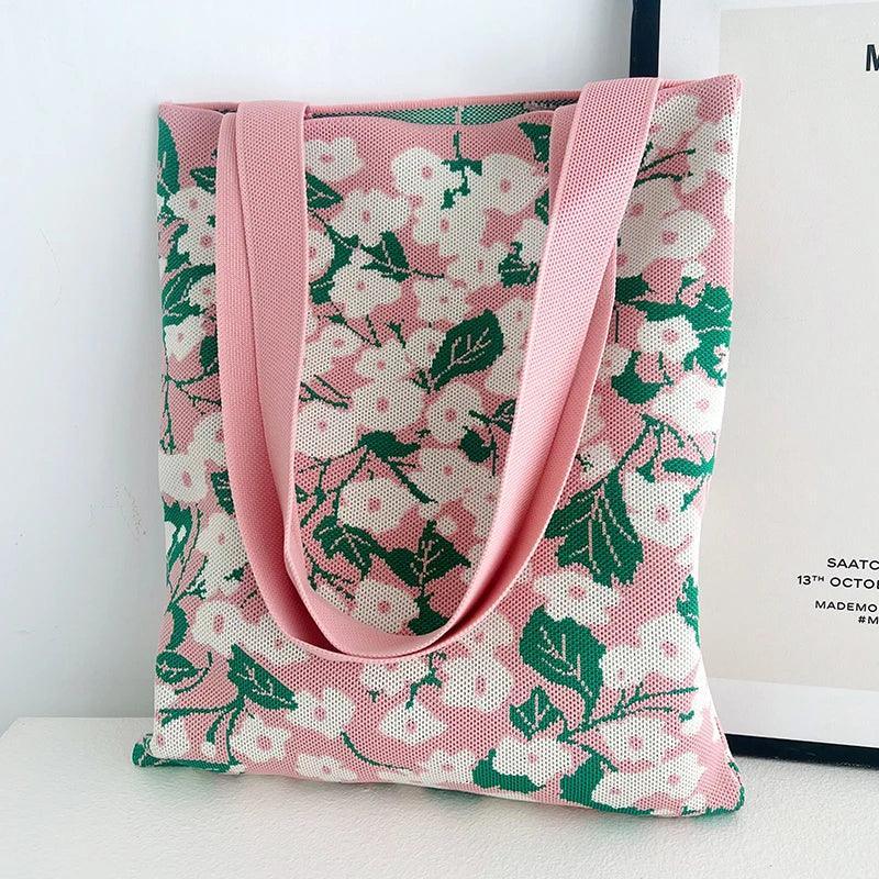 Whiskers n' Yarn Knit Tote Bag Shopping Totes KittyNook Cat Company Pink and Green Small Flowers