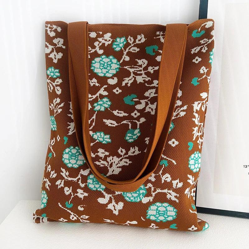 Whiskers n' Yarn Knit Tote Bag Shopping Totes KittyNook Cat Company Brown and Teal Creeping Vine