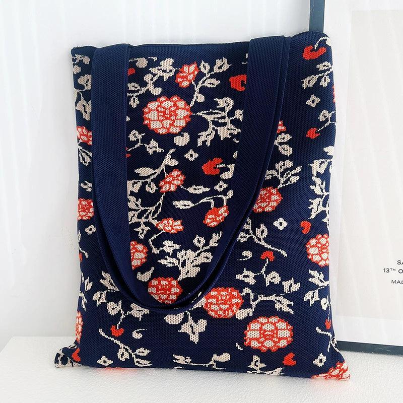 Whiskers n' Yarn Knit Tote Bag Shopping Totes KittyNook Cat Company Blue and Red Creeping Vine