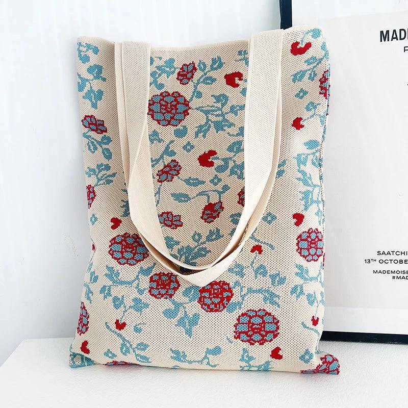 Whiskers n' Yarn Knit Tote Bag Shopping Totes KittyNook Cat Company Cream and Blue Creeping Vine