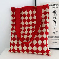 Thumbnail for Whiskers n' Yarn Knit Tote Bag Shopping Totes KittyNook Cat Company Red and Cream Harlequin Print