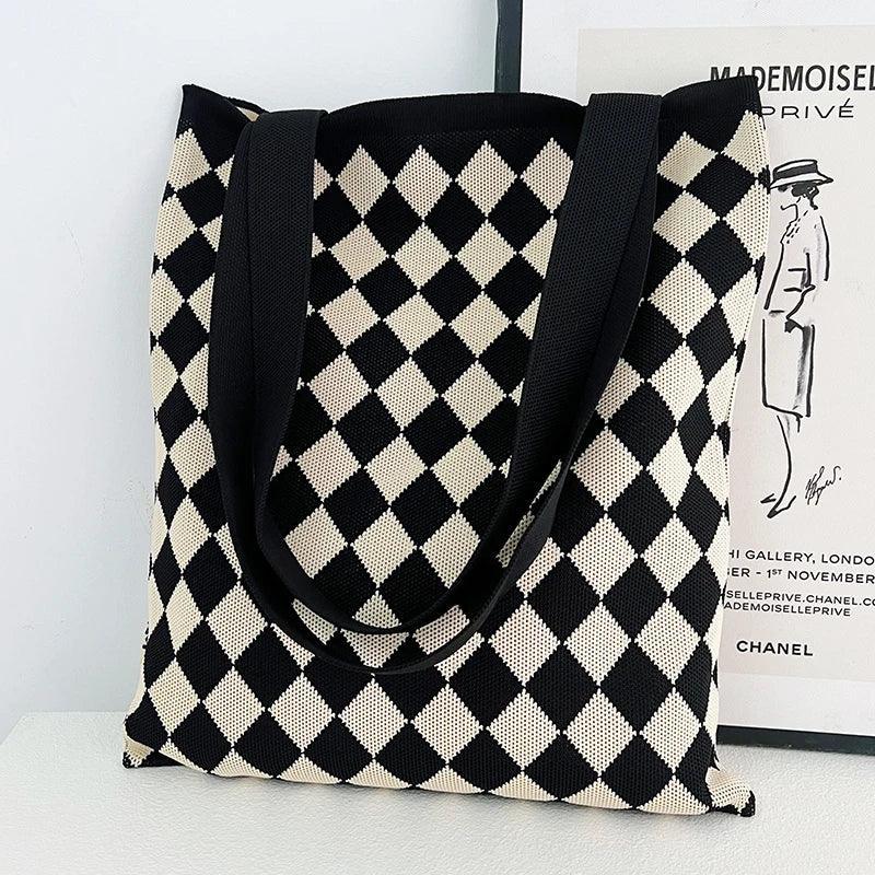 Whiskers n' Yarn Knit Tote Bag Shopping Totes KittyNook Cat Company Black and White Harlequin Print