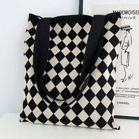 Thumbnail for Whiskers n' Yarn Knit Tote Bag Shopping Totes KittyNook Cat Company Black and White Harlequin Print