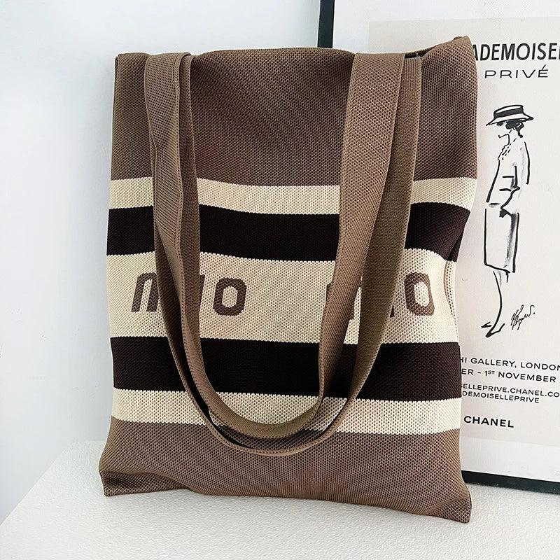 Whiskers n' Yarn Knit Tote Bag Shopping Totes KittyNook Cat Company Horizontal Stripes Taupe