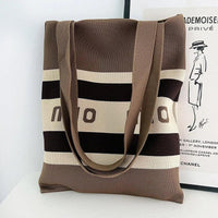 Thumbnail for Whiskers n' Yarn Knit Tote Bag Shopping Totes KittyNook Cat Company Horizontal Stripes Taupe