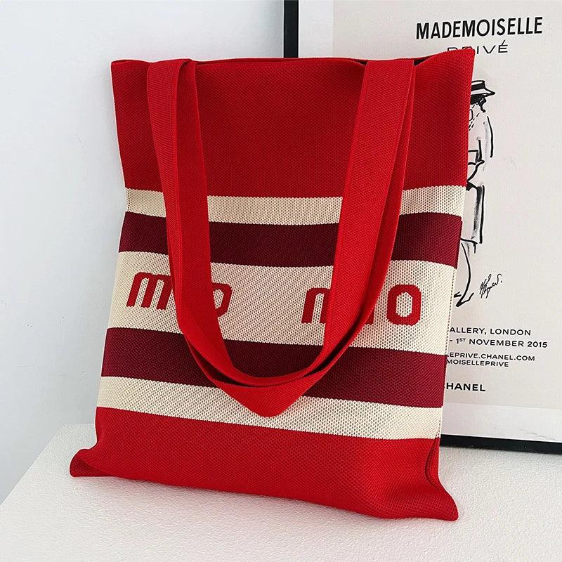 Whiskers n' Yarn Knit Tote Bag Shopping Totes KittyNook Cat Company Horizontal Stripes Red