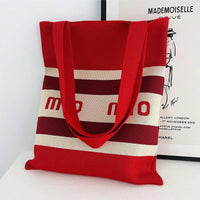 Thumbnail for Whiskers n' Yarn Knit Tote Bag Shopping Totes KittyNook Cat Company Horizontal Stripes Red