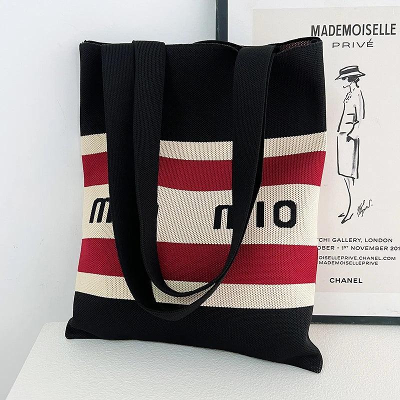 Whiskers n' Yarn Knit Tote Bag Shopping Totes KittyNook Cat Company Horizontal Stripes Black