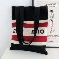 Thumbnail for Whiskers n' Yarn Knit Tote Bag Shopping Totes KittyNook Cat Company Horizontal Stripes Black