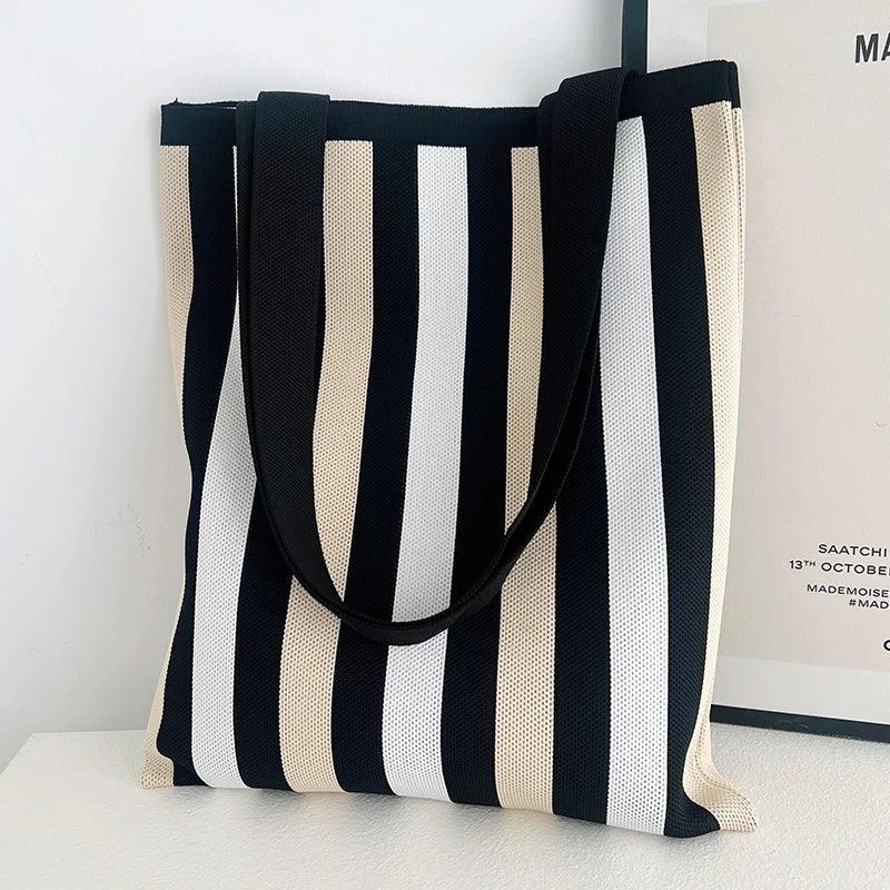 Whiskers n' Yarn Knit Tote Bag Shopping Totes KittyNook Cat Company Cream and Black Vertical Stripes