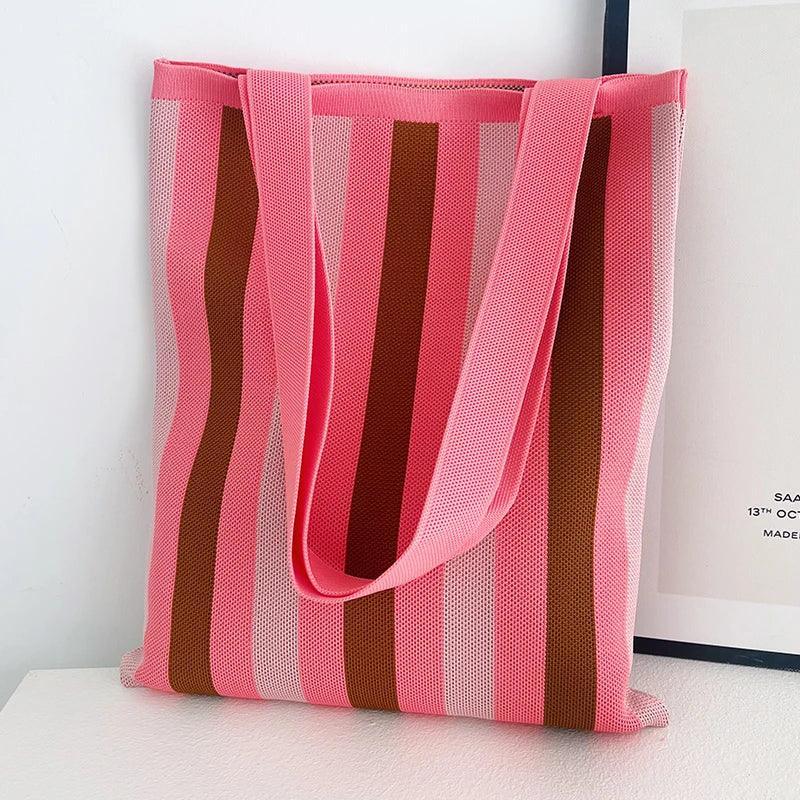 Whiskers n' Yarn Knit Tote Bag Shopping Totes KittyNook Cat Company Cream and Pink Vertical Stripes