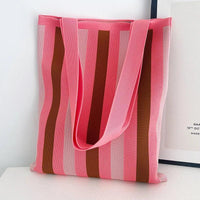 Thumbnail for Whiskers n' Yarn Knit Tote Bag Shopping Totes KittyNook Cat Company Cream and Pink Vertical Stripes