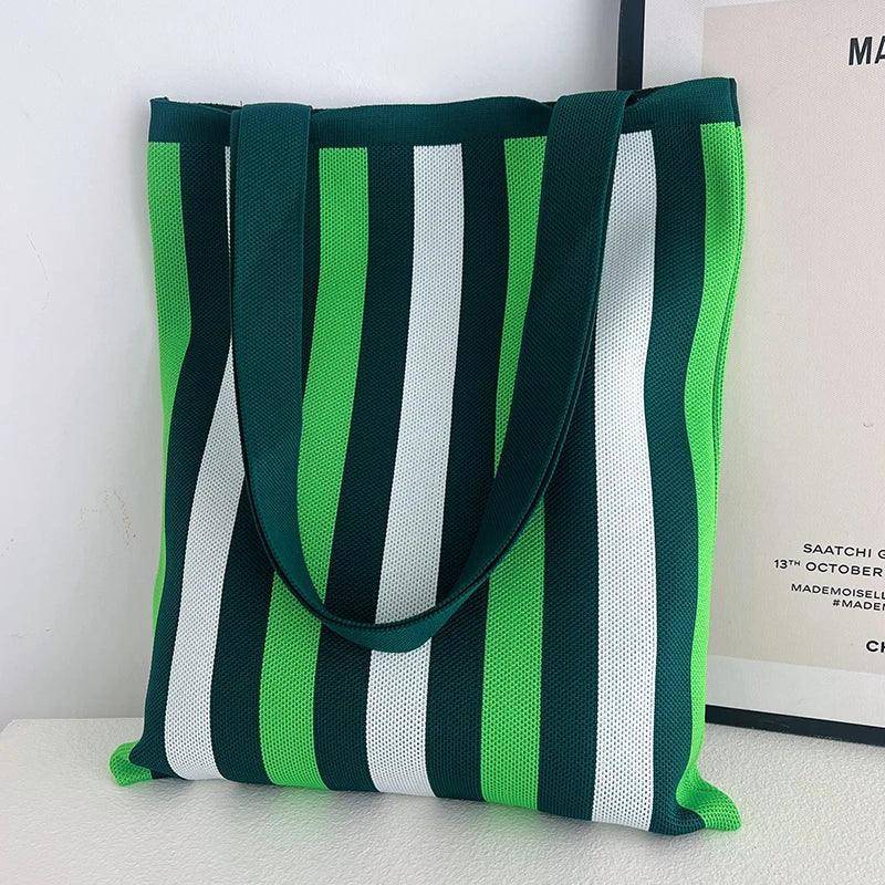 Whiskers n' Yarn Knit Tote Bag Shopping Totes KittyNook Cat Company Green and White Vertical Stripes