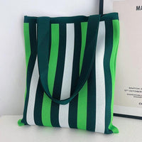 Thumbnail for Whiskers n' Yarn Knit Tote Bag Shopping Totes KittyNook Cat Company Green and White Vertical Stripes