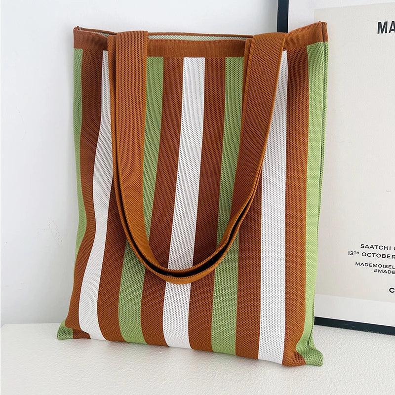 Whiskers n' Yarn Knit Tote Bag Shopping Totes KittyNook Cat Company Brown and Green Vertical Stripes