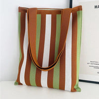 Thumbnail for Whiskers n' Yarn Knit Tote Bag Shopping Totes KittyNook Cat Company Brown and Green Vertical Stripes