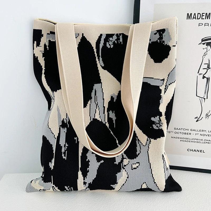 Whiskers n' Yarn Knit Tote Bag Shopping Totes KittyNook Cat Company Gray and Black Funky Shapes