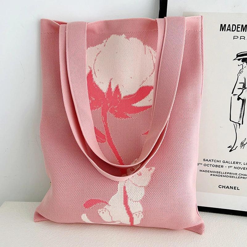 Whiskers n' Yarn Knit Tote Bag Shopping Totes KittyNook Cat Company Kitten Holding a Rose in Pink