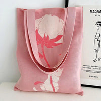 Thumbnail for Whiskers n' Yarn Knit Tote Bag Shopping Totes KittyNook Cat Company Kitten Holding a Rose in Pink