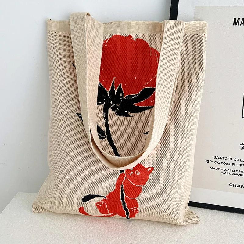 Whiskers n' Yarn Knit Tote Bag Shopping Totes KittyNook Cat Company Kitten Holding a Rose in Red and White