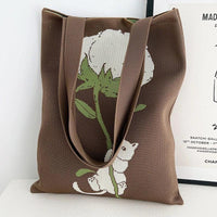 Thumbnail for Whiskers n' Yarn Knit Tote Bag Shopping Totes KittyNook Cat Company Kitten Holding a Rose in Taupe and White