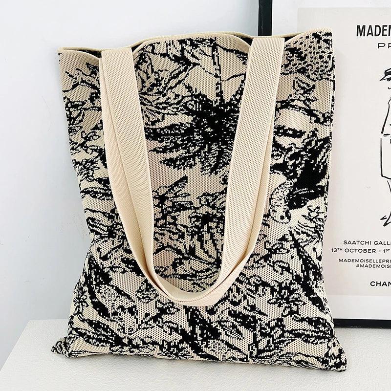 Whiskers n' Yarn Knit Tote Bag Shopping Totes KittyNook Cat Company Tropical Scene Black and White