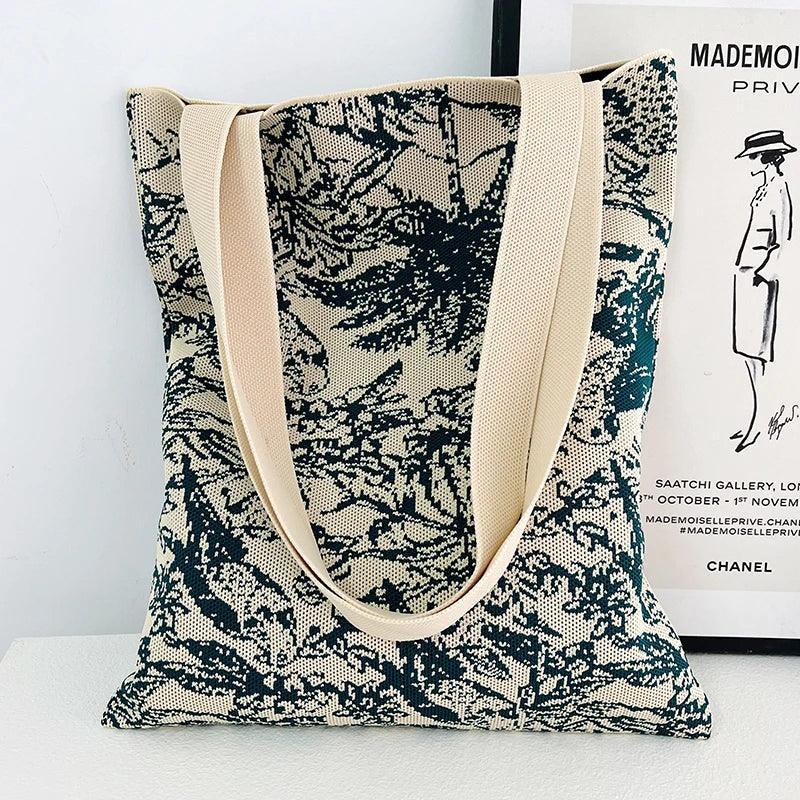 Whiskers n' Yarn Knit Tote Bag Shopping Totes KittyNook Cat Company Tropical Scene Blue and White