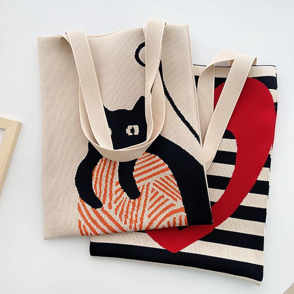 Whiskers n' Yarn Knit Tote Bag Shopping Totes KittyNook Cat Company