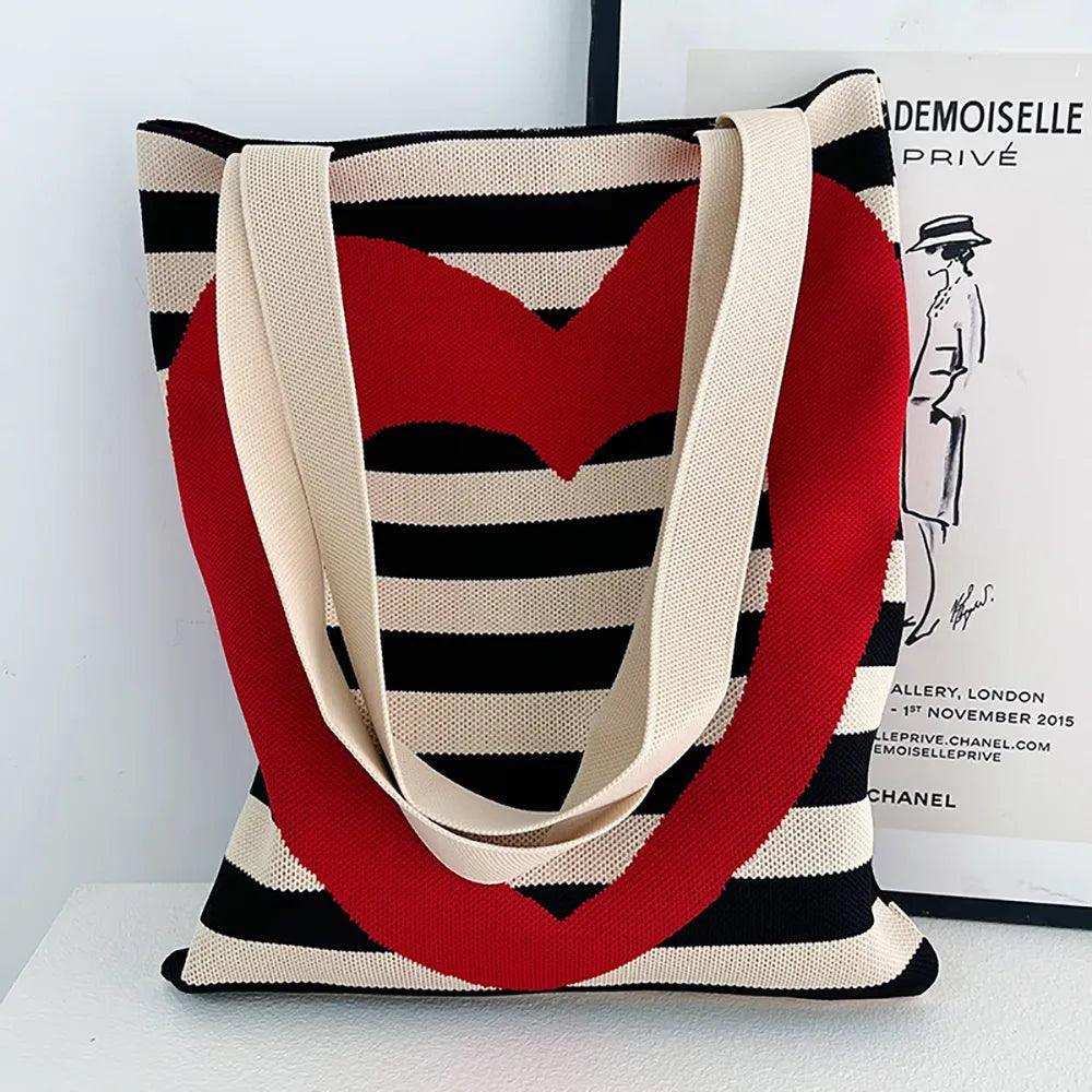 Whiskers n' Yarn Knit Tote Bag Shopping Totes KittyNook Cat Company Black and White Horizontal Stripes with Heart