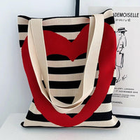 Thumbnail for Whiskers n' Yarn Knit Tote Bag Shopping Totes KittyNook Cat Company Black and White Horizontal Stripes with Heart