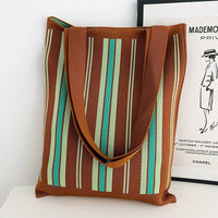 Thumbnail for Whiskers n' Yarn Knit Tote Bag Shopping Totes KittyNook Cat Company Teal and Brown Vertical Stripes