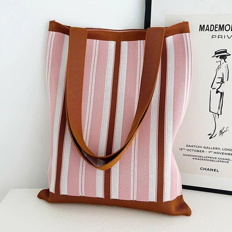 Whiskers n' Yarn Knit Tote Bag Shopping Totes KittyNook Cat Company Pink and Brown Vertical Stripes