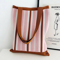 Thumbnail for Whiskers n' Yarn Knit Tote Bag Shopping Totes KittyNook Cat Company Pink and Brown Vertical Stripes
