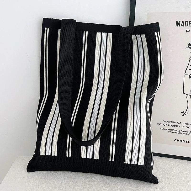Whiskers n' Yarn Knit Tote Bag Shopping Totes KittyNook Cat Company Black and White Vertical Stripes