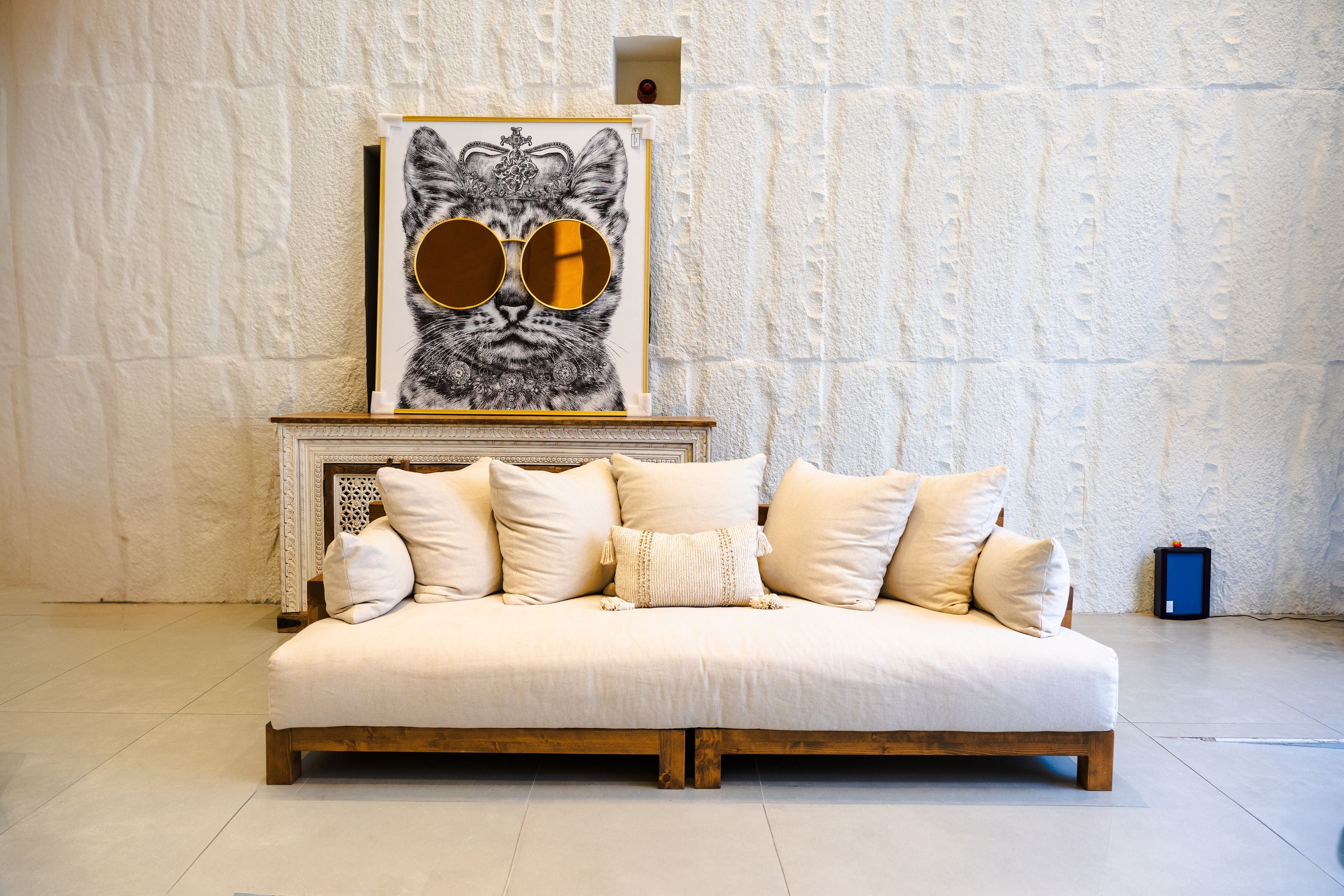 Cat picture in a wall and big sofa | Kitty Nook