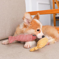 Thumbnail for a corgi dog playing with Linen Catch Fish Toy in red and yellow