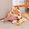 a corgi dog playing with Linen Catch Fish Toy in red and yellow