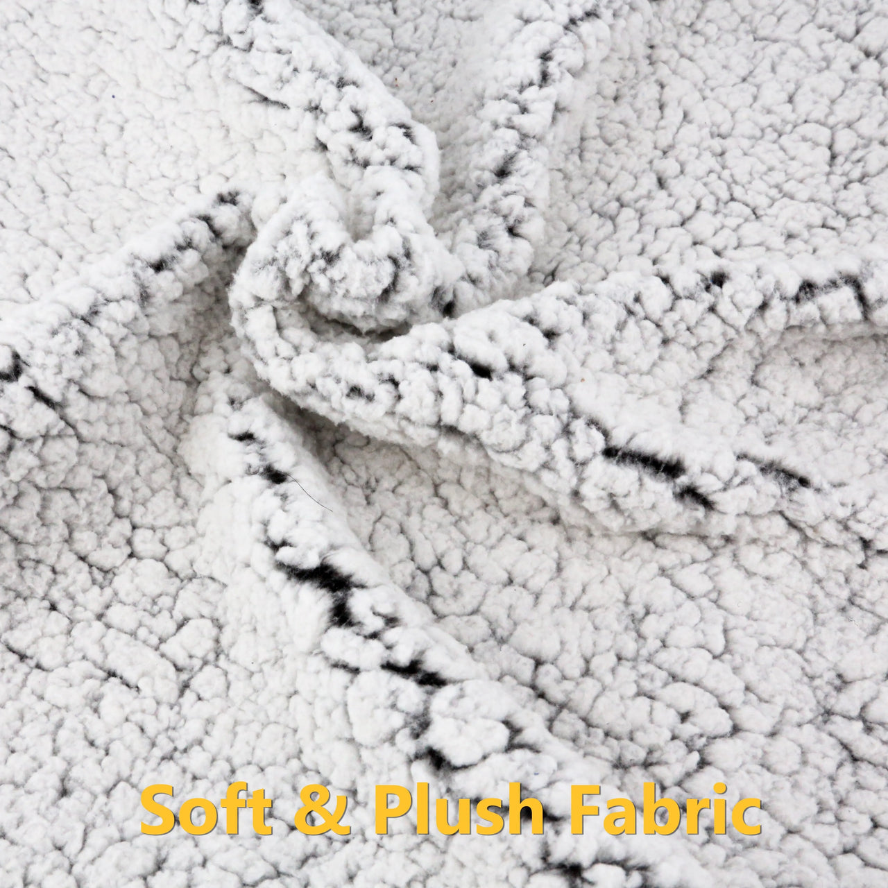 Close-up of Comfy Thermal Cushion for Cats by KittyNook Cat Co.—white sherpa with "Soft & Plush Fabric" in yellow below.