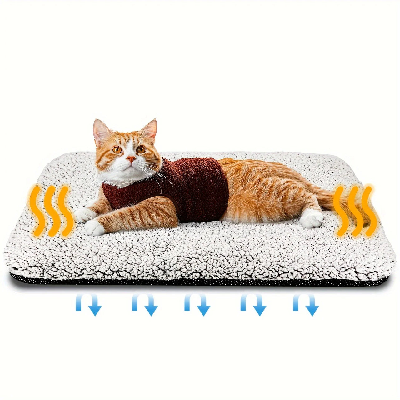 An orange cat lounges on the KittyNook Cat Co. Comfy Thermal Cushion with warm and cool air symbols around the cozy bed.
