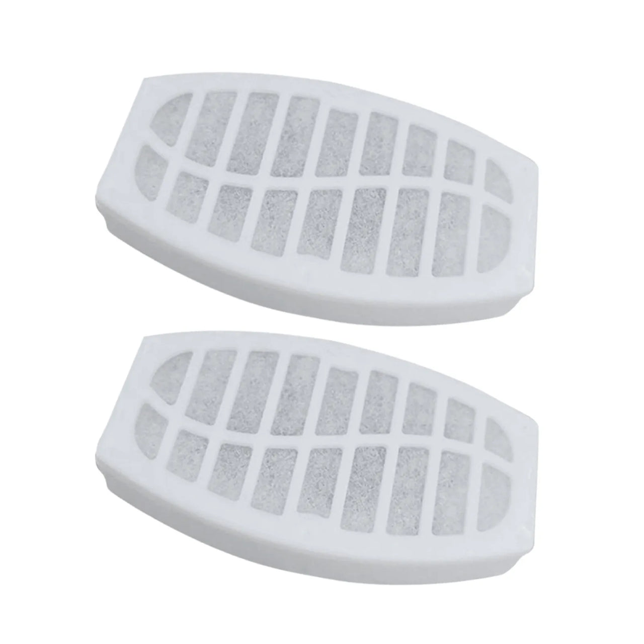 Two white rectangular KittyNook Cat Co. Activated Carbon Filters for Swan Neck Cat Fountain on plain background.