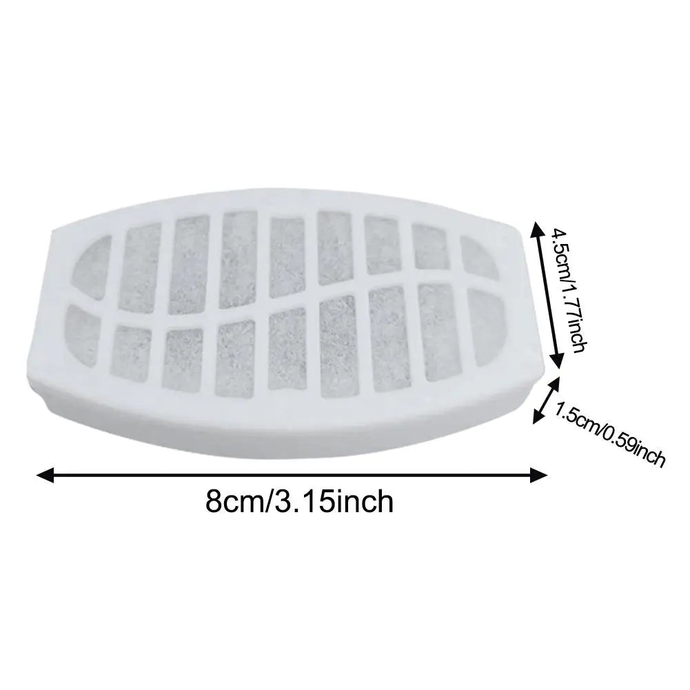 KittyNook Cat Co. Activated Carbon Filter for Swan Neck Cat Fountain, white oval, 8x4.5x1.5cm with grid pattern.