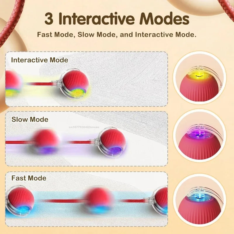Diagram of KittyNook Cat Co.'s Smart Rolling Cat Ball: 4 Hours of play, red string, 3 modes, safe materials & lights.